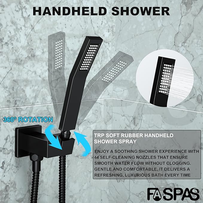 Shower Faucet Set, Shower System with 12 Inch Rain Showerhead and Handheld Shower, Wall Mounted High-Pressure Showerhead Combo Set Included Valve and Trim, Matte Black