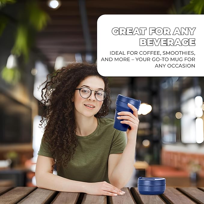 HYDRATE Collapsible Cups for Traveling - 400ml Reusable Cup with Lid for Camping, and On-the-Go Adventures - Foldable Cup - Portable Silicone Coffee Mug for Hot Drinks, Tea - Easy to Clean - Blue