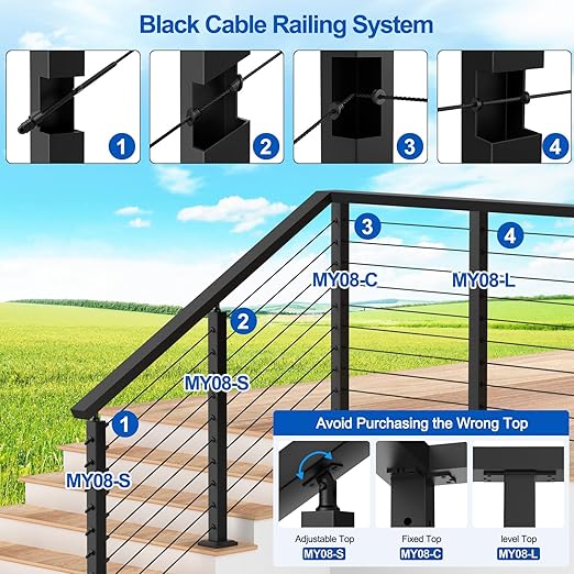 Black Stair Cable Railing Post 35" for 25-35 Degrees Stair, 2 Pack Stainless Steel Adjustable Surface Mount Cable Railing System Kit with Grommets, Indoor & Outdoor(MY08-S)