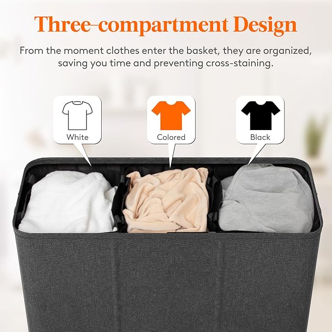 Lifewit Triple Laundry Hamper with Lid and Removable Laundry Bags, Large Collapsible 3 Dividers Dirty Clothes Basket with Handles for Bedroom, Laundry Room, Closet, Bathroom, College, 180L Dark Gray