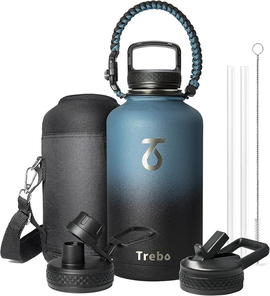 Trebo Water Bottle 64oz with Paracord Handle, Half Gallon Food-grade Double Wall Vacuum Stainless Steel Insulated Jug with Holder Strap Straw Spout Handle Lids, Leakproof Keep Cold & Hot, Indigo/Black