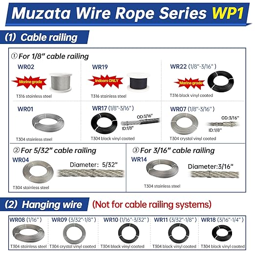 Muzata 500 ft 1/8" Stainless Steel Cable Railing System Hardware T316 Stainless Steel Wire Rope 7x7 Strands 1800 lb Breaking Strength Deck Cable Railing Kit for Indoor Outdoor Coastal WR02