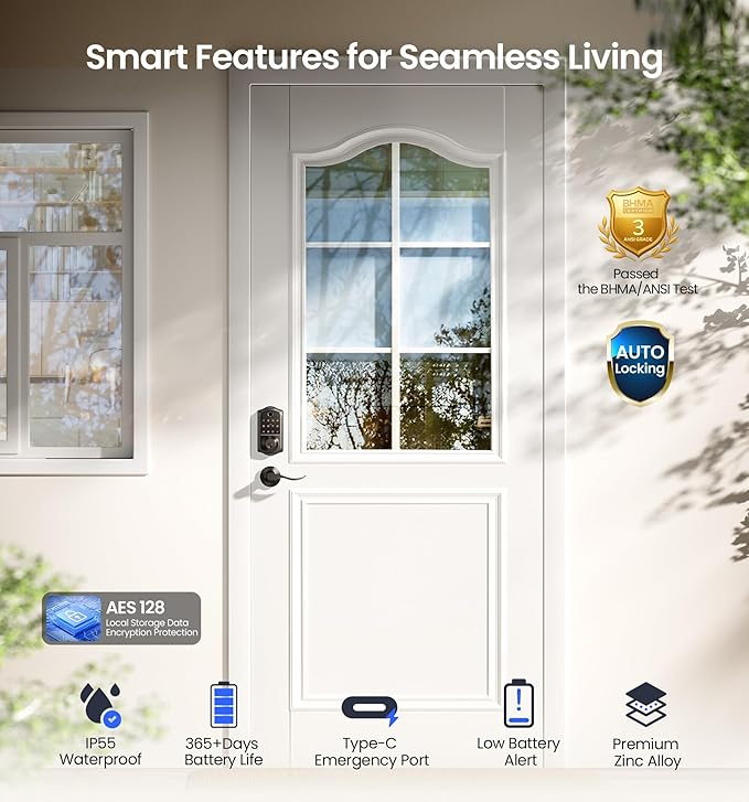 Veise VE017-L Fingerprint Smart Lock with 2 Lever Handles, Keyless Entry Front Door Lock Set, App Control, Electronic Digital Keypad Deadbolt, Easy Installation, Emergency Power Port, Matte Black