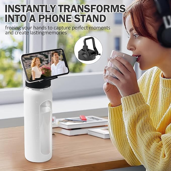 Glass Water Bottles with Straw -24oz- Water Bottle Phone Holder for Gym Sports Water Bottles with Silicone Sleeve Glass Drinking Bottles 2 Lids - Spout & Bamboo Straw Lid(White)