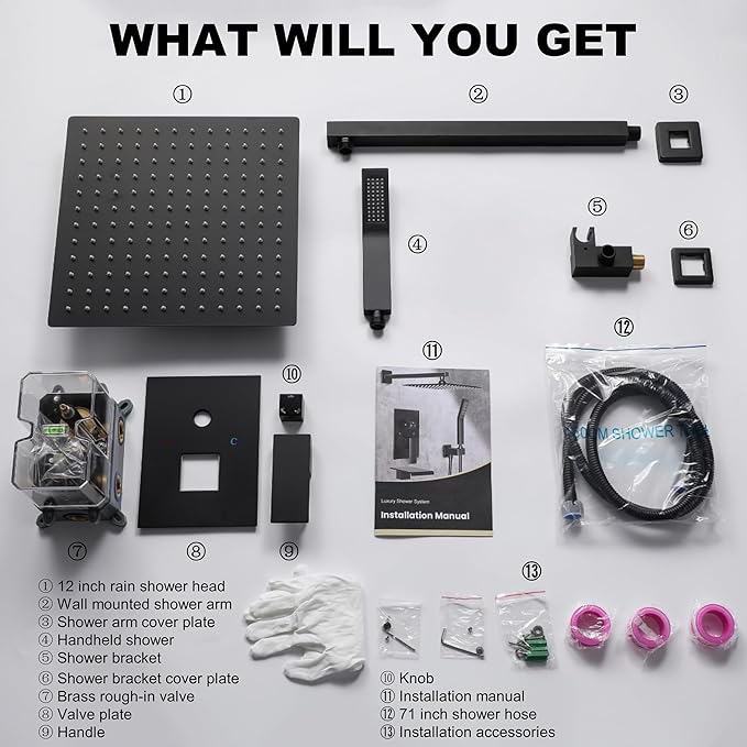 Shower Faucet Set, Shower System with 12 Inch Rain Showerhead and Handheld Shower, Wall Mounted High-Pressure Showerhead Combo Set Included Valve and Trim, Matte Black