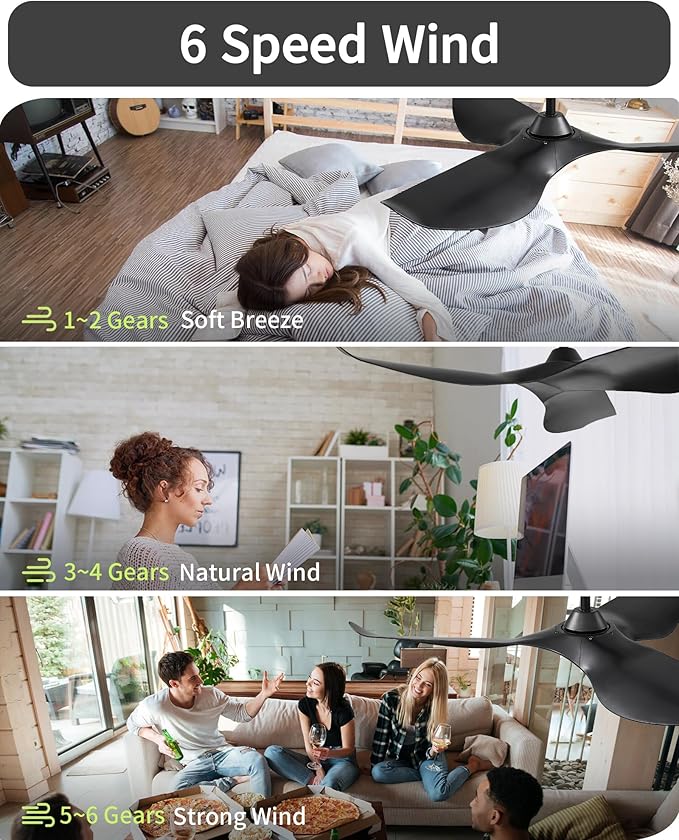 CACI Mall Ceiling Fans Without Lights - 52-Inch Flush Mount Ceiling Fan with 6 Speeds, 3 Timer Remote, Quiet Reversible DC Motor, and 5"/10"/25" Replacement Downrods (Black ABS Blades)