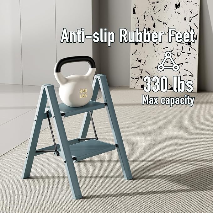 2 Step Ladder,Aluminum Folding Step Stool for Adults,Step Ladder with Wide Anti-Slip Pedal,330 lbs Capacity for Home,Office,Kitchen,Library(Blue)