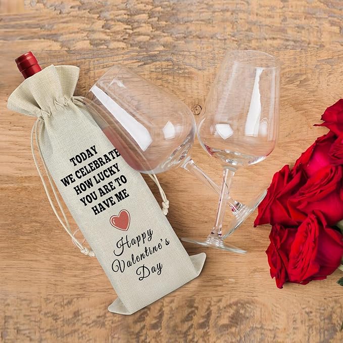 Gfhzdmf Valentine's Day Gift for Wife Husband Wine Bag Happy Valentine's Day Giift for Women Men Drawstring Wine Wrap Bag Proposal Anniversary Wedding Gift Reusable Burlap Wine Bottle Cover