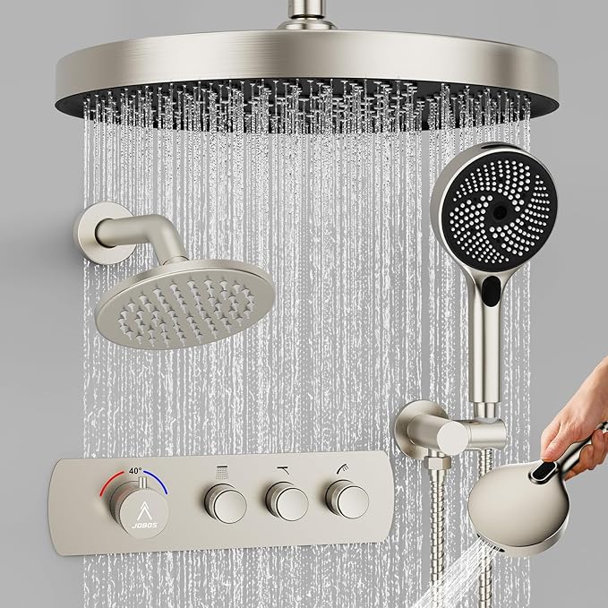 Shower System Brass Thermostatic Shower Faucet Set With Valve and Diverter Shower Mixer with 2 Rain Shower Head and Multi-function Handheld Head（Brushed Nickel）