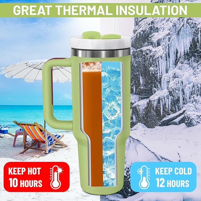 40oz stainless Steel Insulated Tumbler with Handle, lid and straw for cold water, Iced tea, or coffee - 100% Leak-Proof - Cupholder Friendly Travel Mug- Gifts for Women Men Him Her (Green)