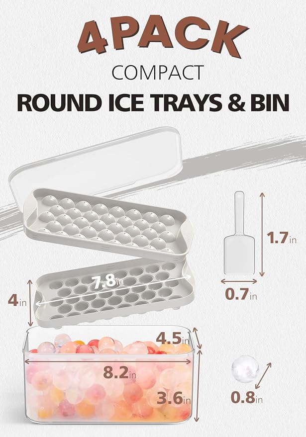 DOQAUS 4 Pack Round Ice Cube Trays with lid and Bin, Easy Pop Out Ice Trays for Freezer with Cover, Compact Circle Ice Cube Trays for Frezzer, Sphere Ice Cube Tray with Storage Ice Bucket Kits, Scoop
