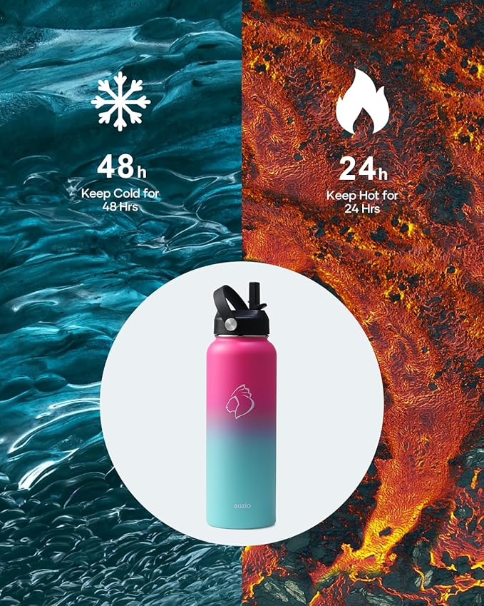 BUZIO Stainless Steel Water Bottle, 40oz Vacuum Insulated Double Wall Leak Proof Sports Water Bottle with Straw Lid and Flex Cap for Gym Travel Camping, Rose and Green