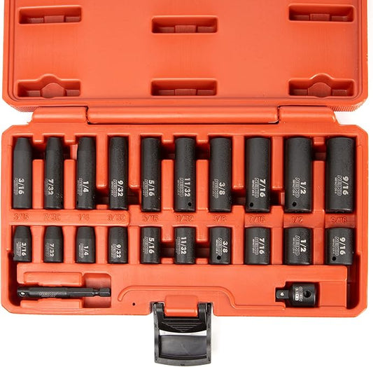 NEIKO 02435A, 22 Piece, 1/4 Socket Set, Standard 3/16” – 9/16” SAE, Deep and Shallow Sockets, Chrome Vanadium Steel, 3/8” to 1/4” Reducer, Hex Shank Socket Impact Adapter, 1/4 Drive Socket Set