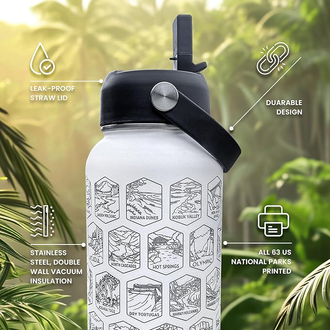 National Parks Water Bottle - Engraved Parks of the USA Bucket List Water Bottle - 63 National Park Stickers, Straw, Cleaning Set - Vacuum Sealed Stainless Steel Water Bottle - 32oz (White)