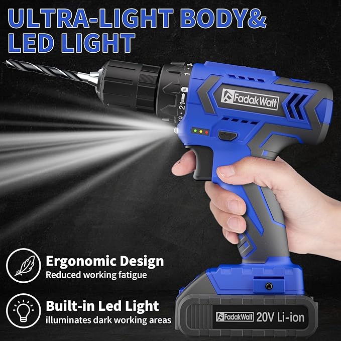 20V MAX Cordless Drill Set,Power Drill Kit with Lithium-Ion and charger, 3/8-Inch Keyless Chuck, 2 Variable Speed 21+1 Torque Setting Power Tools Kit，280 inch-lbs with LED Electric Drill Set