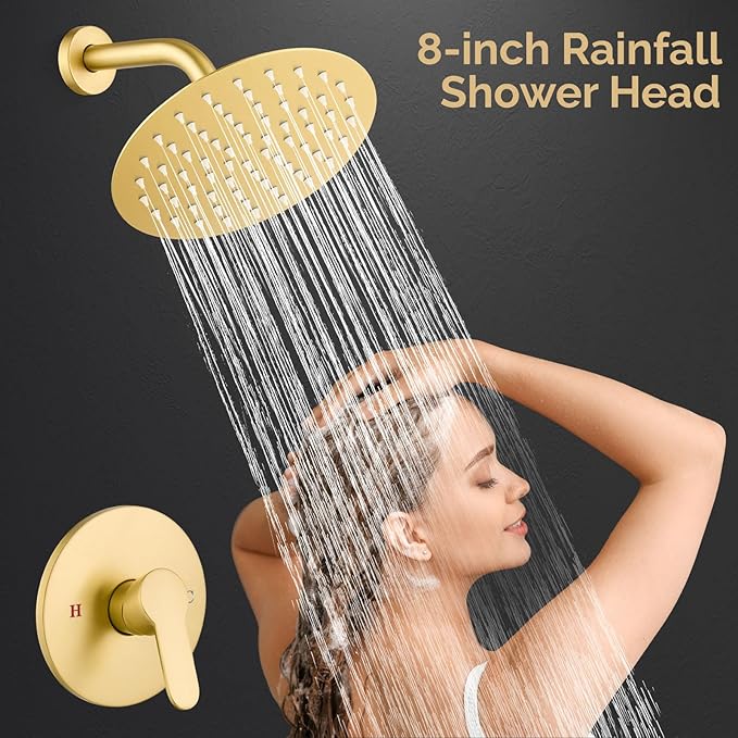 Airuida Shower Faucet Set,8 Inch Round Rainfall Shower Head,SUS304 Stainless Steel Single Handle Shower Trim Kit,Wall Mount Bathroom System with Male Threads Valve Brushed Gold