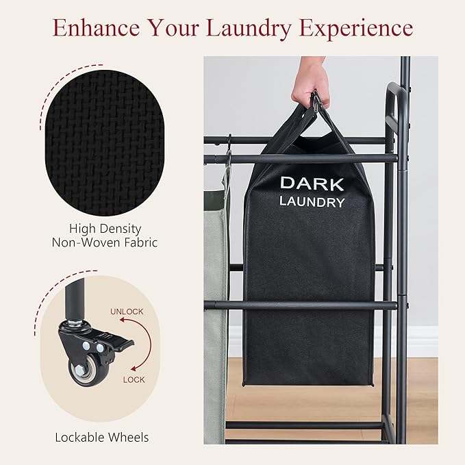 Tajsoon Laundry Sorter Cart with Hanging Clothes Rack, 3 Butler Sorter Basket Organizer, Laundry Hamper Cart with Heavy Duty Rolling Lockable Wheels, 3 Colors