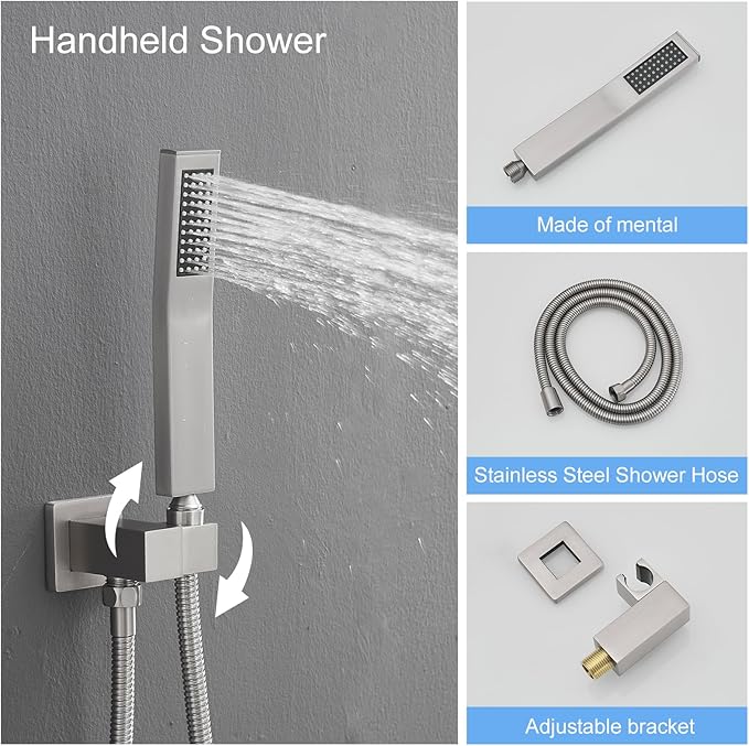 BWE Brushed Nickel Shower System with Body Jets,10 Inch Rain Shower Head,with 6 Body Spray Jets and Handheld Shower,Wall Mounted Shower Faucet Set,Rough-in Mixer Valve and Trim Included