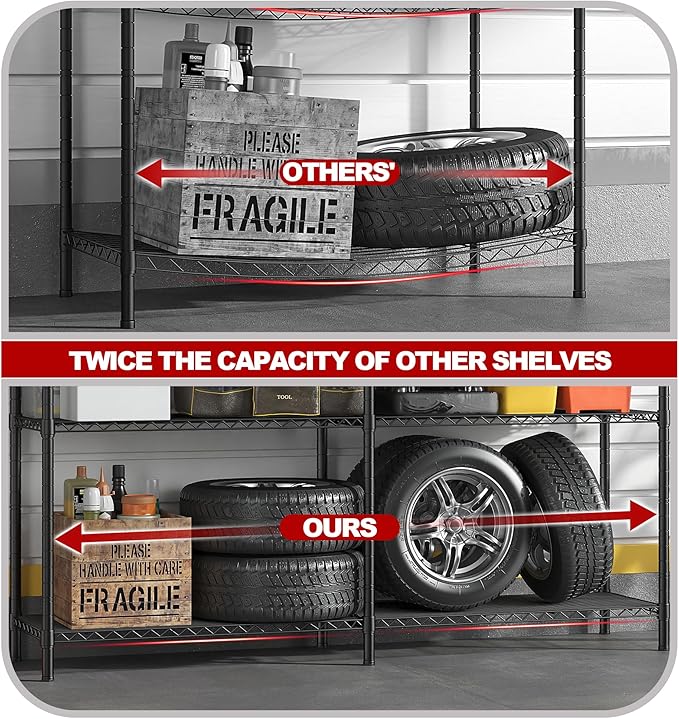 REIBII1450LBS Metal Shelving Unit Storage Shelves 5 Tier Wire Shelving 58.1''W Pantry Shelves Wire Shelf Adjustable Garage Shelving Heavy Duty Storage Rack for Pantry Kitchen Garage, Black，2 Pack