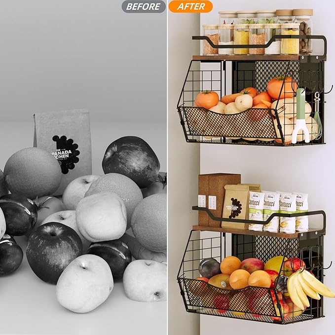 Magnetic Shelf for Fridge with Wood Lid, Magnetic Spice Rack for Refrigerator Large Capacity Sturdy with 4 Hooks,Magnetic Basket for Kitchen Pantry Laundry (1 Set with Buckles)