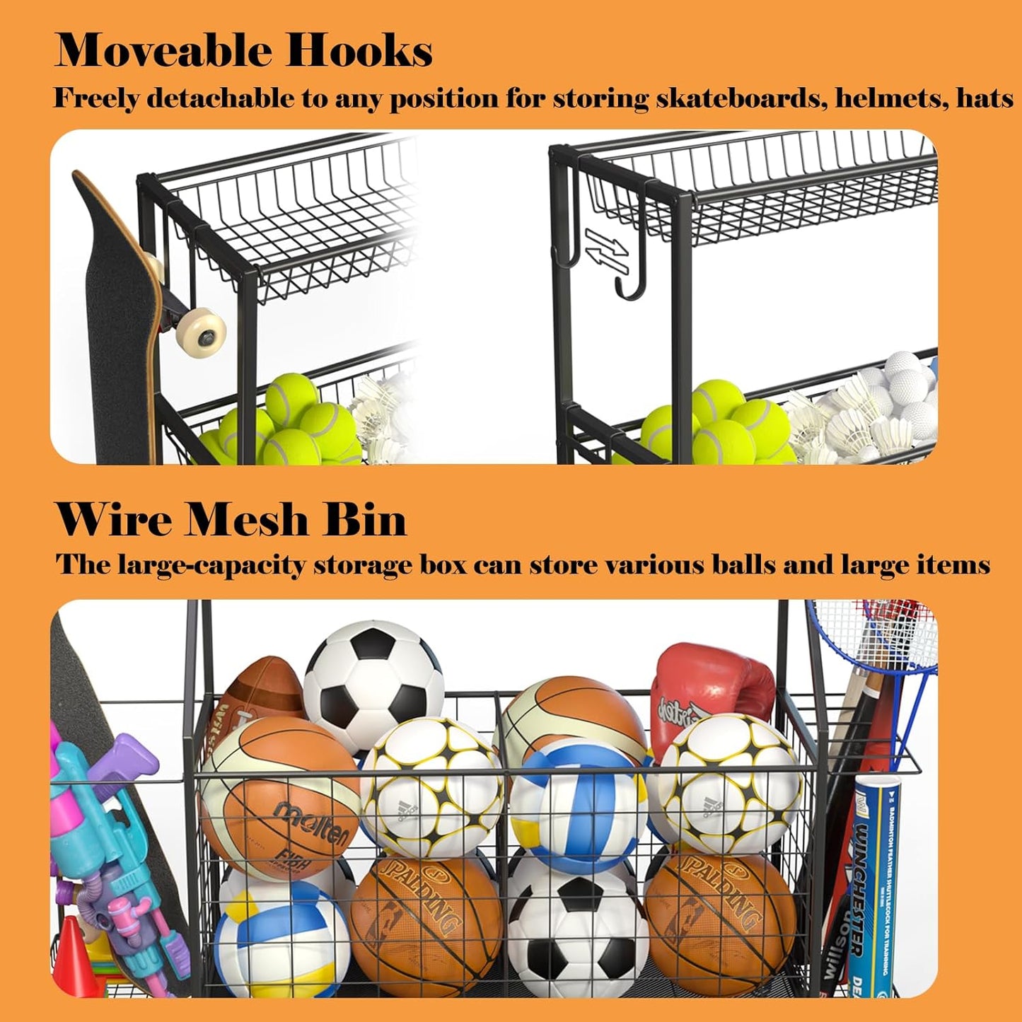Sports Equipment Organizer, Garage Ball Storage Racks - Outdoor Toy Storage with 2 Side Racks & Removable Baskets, Heavy-Duty Garage Rolling Ball Cart with Wheels, Hooks for Toys, Sports Gear