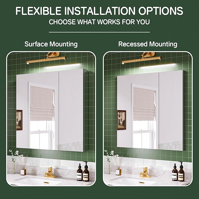 30''×30'' Bathroom Medicine Cabinet, Storage Cabinet with Mirror Door, Vanity Mirror, Blum Hinges Soft-Close Door, Recessed/Surface Mount, Adjustable Glass Shelves