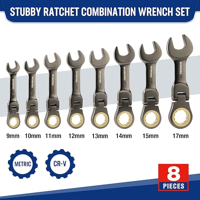 WORKPRO 8 Piece Flex Head Stubby Ratcheting Combination Wrench Set, Metric 9-17 mm, 72-Teeth, CRV, Nickel Plating with Rolling Pouch