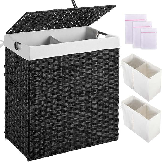 Greenstell Laundry Hamper with lid, No Install Needed, 110L Wicker Laundry Baskets Foldable 2 Removable Liner Bags, 2 Section Clothes Hamper Handwoven Rattan Laundry Basket with Handle, Black