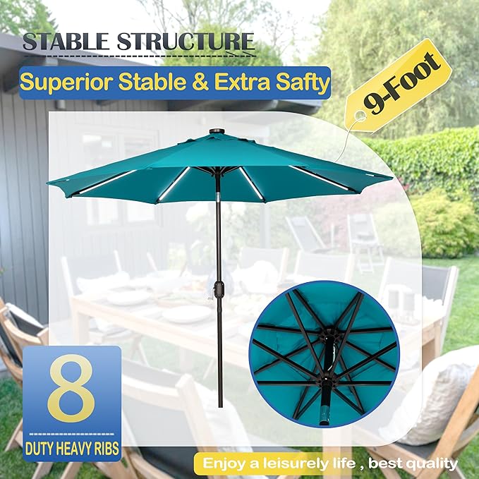 Sunnyglade 9FT Outdoor Solar LED Lighted Patio Umbrella with 8 LED Strip Lights & 8 Ribs, Convenient Crank Lift System