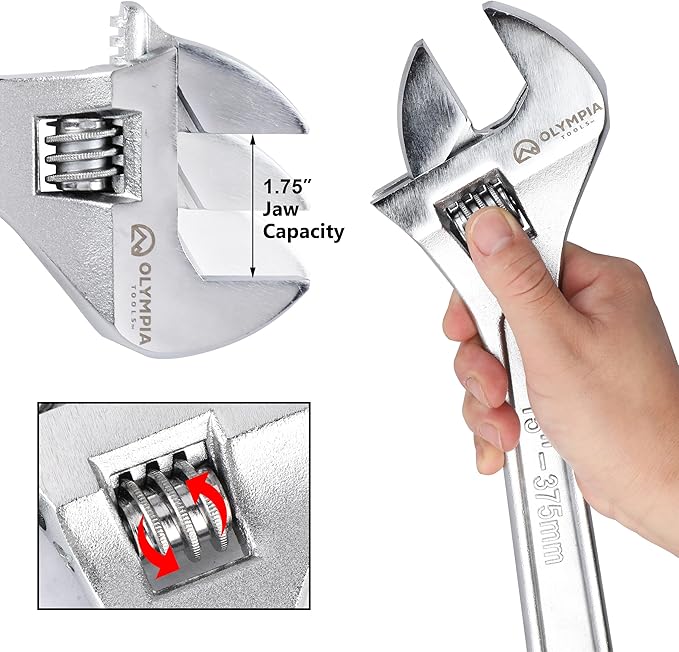 Olympia Tools 15" Adjustable Wrench, Heavy Duty Drop Forged Steel, Chrome Plated, Precision Machined Jaws, Rust Resistant