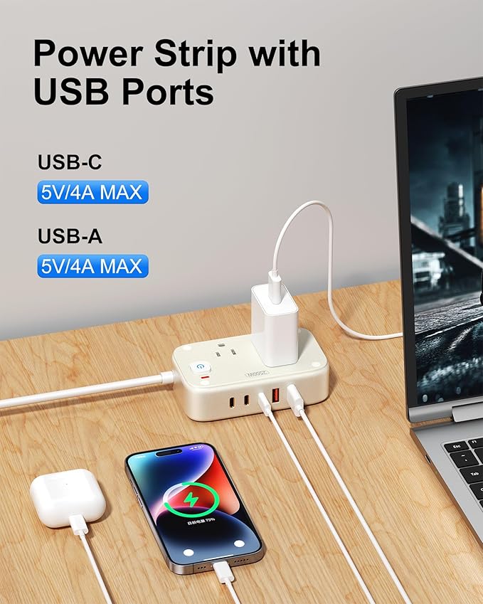 Power Strip with USB C - 40W Charging Station with 2 Outlets 3 USB C & 2 USB A - Charger for Multiple Devices, 5Ft Flat Plug Extension Cord for Travel Cruise Ship Office Dorm (White)
