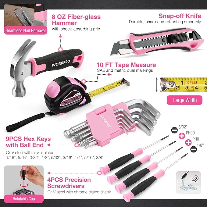 WORKPRO Pink Cordless Drill Driver with Toolbox, 8V Lithium-ion Power Drill and Bits, 2.0 Ah Portable Electric Screwdriver Home Tool Set with Stackable Pink Ribbon Tool Box
