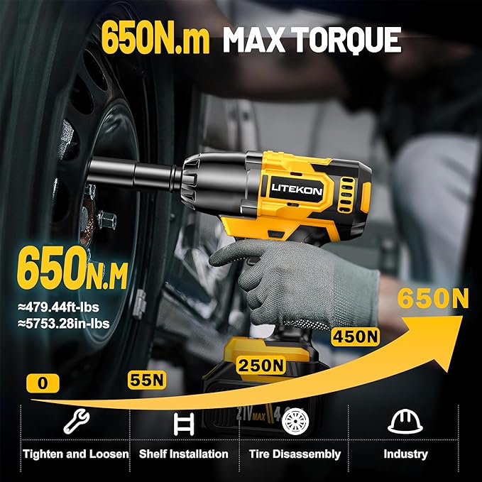 Cordless Impact Wrench 1/2 Inch, 480Ft-lbs (650N.m) Brushless High Power Impact Wrench Tool with 2x4000mAh Battery, 2500RPM High Torque Impact Gun, 7 Sockets for Home Car/Truck RV/Mower -2025 Upgraded