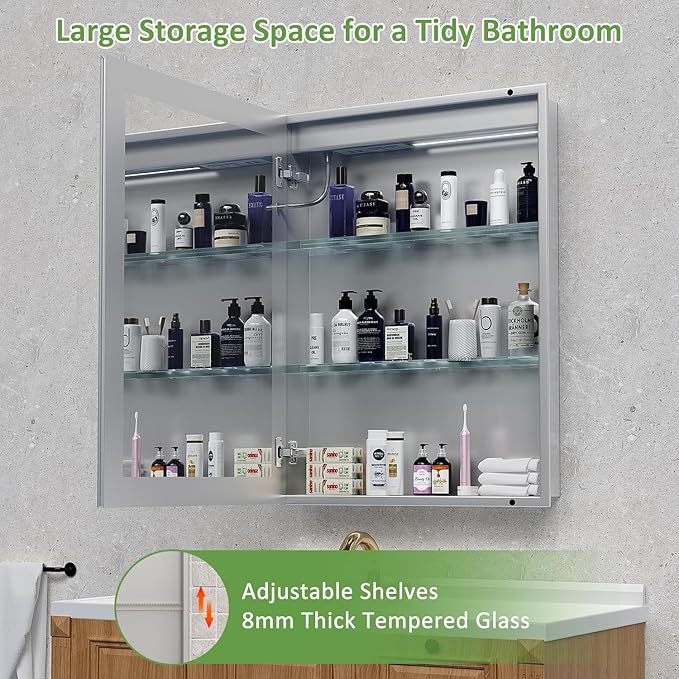 Medicine Cabinet with Lights, Bathroom LED Mirror Cabinet with Storage, Anti-Fog & 3 Color Lights, Recessed or Wall Mounted (24X32 in)