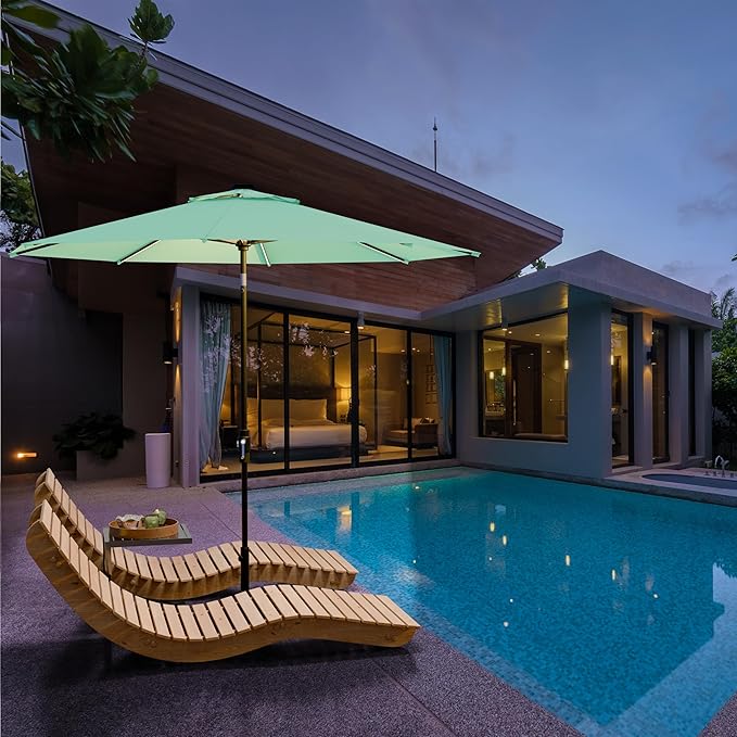 Midtown Umbrellas Led Swilt Sunbrella Umbrella, 8 Foot Patio Umbrella In Sunbrella Canvas Glacier Acrylic Fabric - Deck Patio Umbrella, Backyard Umbrella, Garden Umbrella & Pool Umbrella - Black Pole