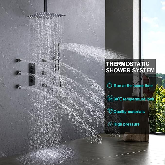 Enga Thermostatic Shower System 16 inch Rain Shower Head with 6 Body Spray Jets, Can Use All Functions At a Time (Volume Adjustable), Matte Black
