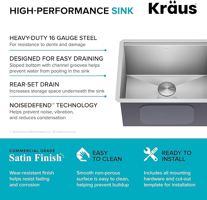 KRAUS Kore 23-Inch Undermount Workstation Single Bowl 16 Gauge Deep Laundry Utility Stainless Steel Kitchen Sink with Accessories, KWU100-23L