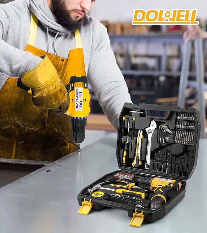 DOWELL 147 Pcs Tool Kit with 12V Cordless Drill with 3/8" Keyless Chuck for Home, Men, Built-in LED, Type-C Charge Cable