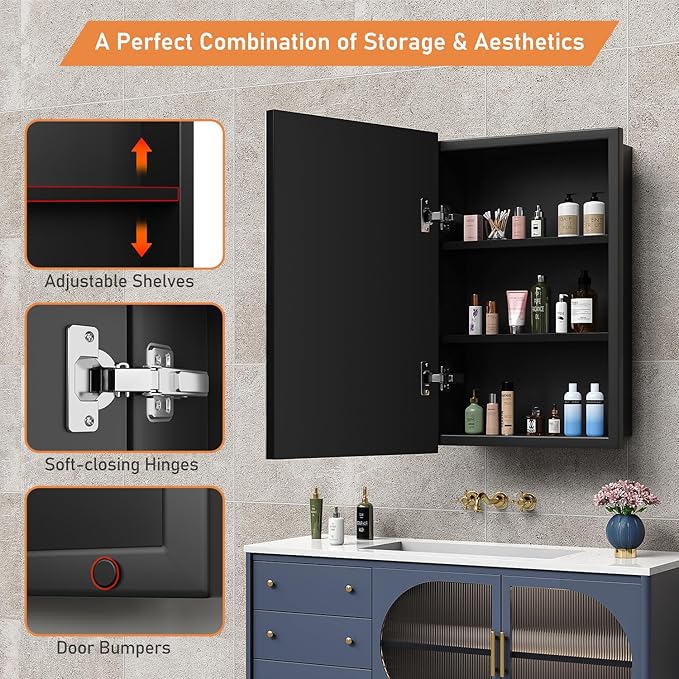 24X30 Inches Medicine Cabinet, Wall Mounted Bathroom Cabinet wirh Beveled Mirror, Recessed or Surface Medicine Cabinet with Storage