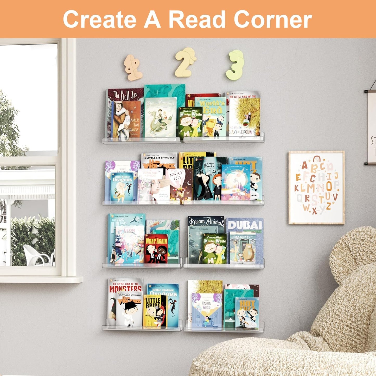 upsimples 16 Pack Acrylic Shelves for Wall Storage, 15" Floating Bookshelves for Kids, Display Shelf Organizer for Bathroom, Bedroom, Living Room, Kitchen, Room Decor, Clear