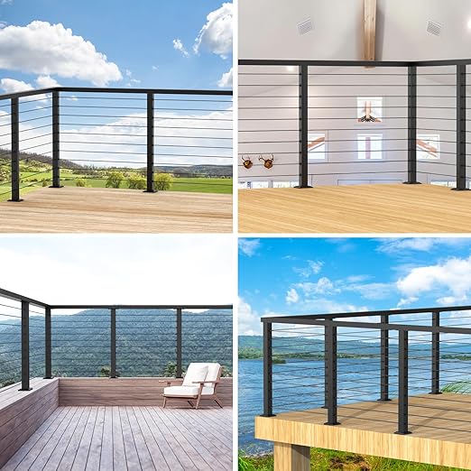 35" Stainless Steel Corner Cable Railing Post, Black Top Mount Corner Line Post with Grommets for Deck Railing Systems, Indoor & Outdoor Use, MY08-C