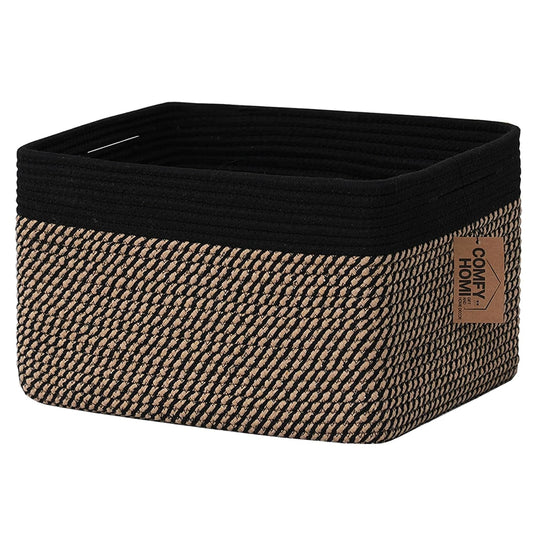 COMFY-HOMI Cotton Rope Woven Basket with Handles for Shelves,Toys,Book, Cloth Storage Baskets Bin for Organizing-13.5"x11"x9.5" Toy Decorative Organizer for Living Room, Bathroom-Black/Jute