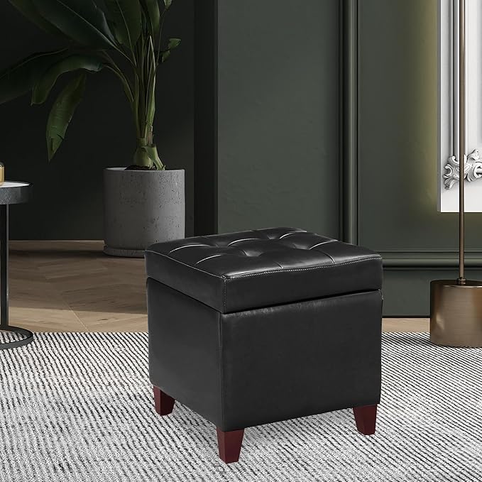 Adeco Storage Ottoman Foot Rest Stool, Leather Ottoman Footstool with Wood Legs and Hinged Lid, 18" Small Foot Stool Bench for Living Room, Bedroom, Black