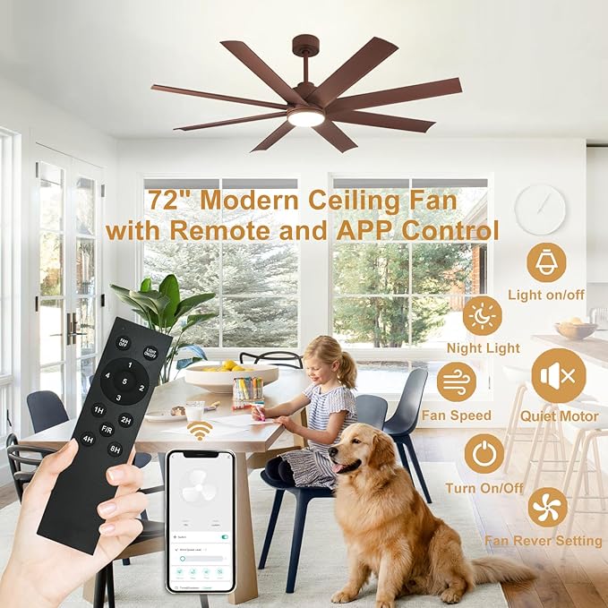Depuley 72" Modern Ceiling Fan with Light and Remote, LED Dimmable Ceiling Fans with 3-Color Temperatures, Outdoor Ceiling Fan with APP Control for Kitchen Living Room Patio Farmhouse, Brown