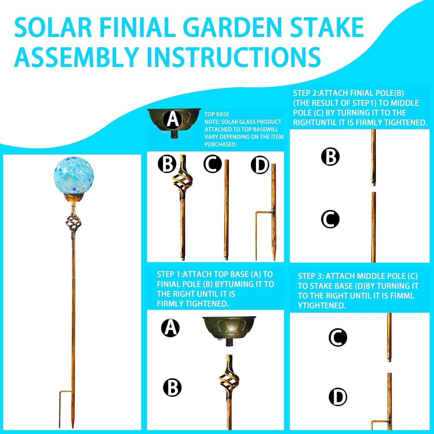 Garden Solar Lights, Decorative LED Honeycomb Glass Ball Garden Stake, Glass and Metal Outdoor Decoration, 4 x 31 Inch (Light Blue)