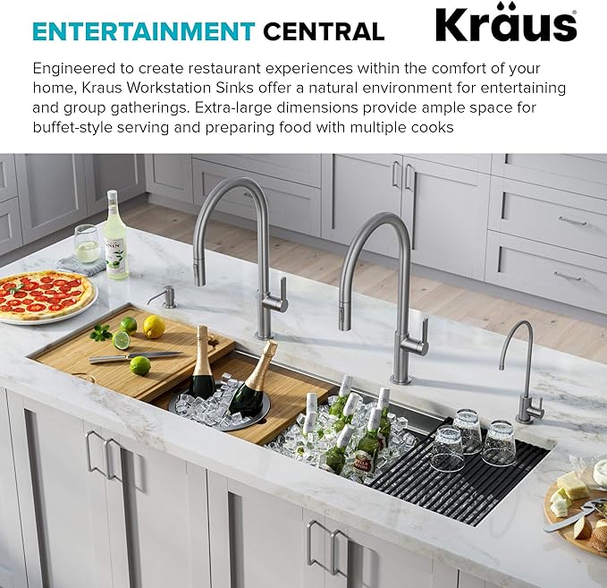 KRAUS Kore 57-inch Undermount Workstation 16 Gauge Single Bowl Stainless Steel Kitchen Sink with 10 Accessories, KWU210-57