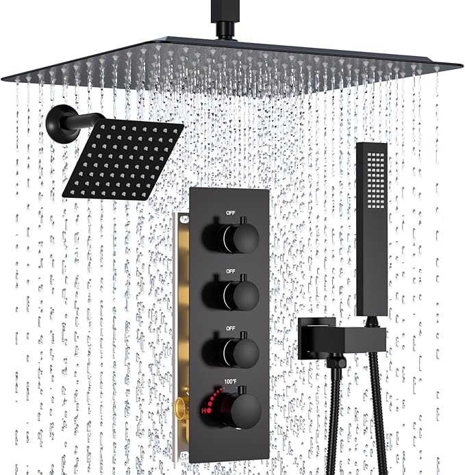 Enga Thermostatic Shower Faucet Set (Eco-Performance), 16 Inch Ceiling Mount Shower Head with 6 Inch Wall Mount Shower Head Dual Shower Faucet Set, All Functions Can operate Simultaneously