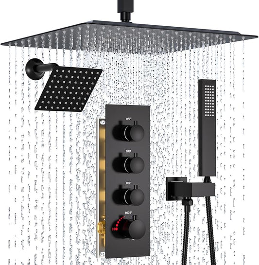 Enga Thermostatic Shower Faucet Set (Eco-Performance), 16 Inch Ceiling Mount Shower Head with 6 Inch Wall Mount Shower Head Dual Shower Faucet Set, All Functions Can operate Simultaneously