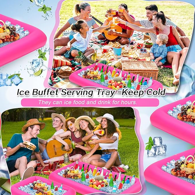 Leitee 4 Pcs Inflatable Ice Serving Bars Buffet Serving Tray Drink Cooler for Pool Party Inflatable Ice Tray Floating Food Drink Containers with Drain Plug and a Hand Pump, 2 Sizes (Pink)