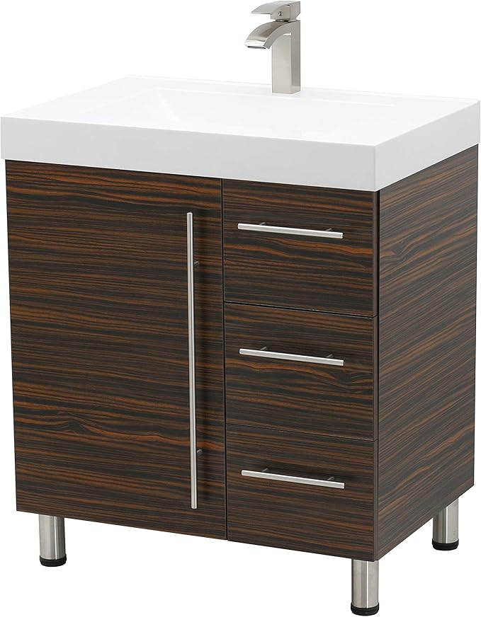30" Freestanding Bathroom Vanity, Ebony. White Integrated Countertop